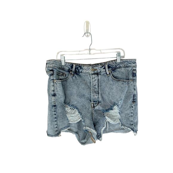 Good American Light Wash Distressed Raw Hem High Waisted Denim Shorts Size 18 - Picture 1 of 10